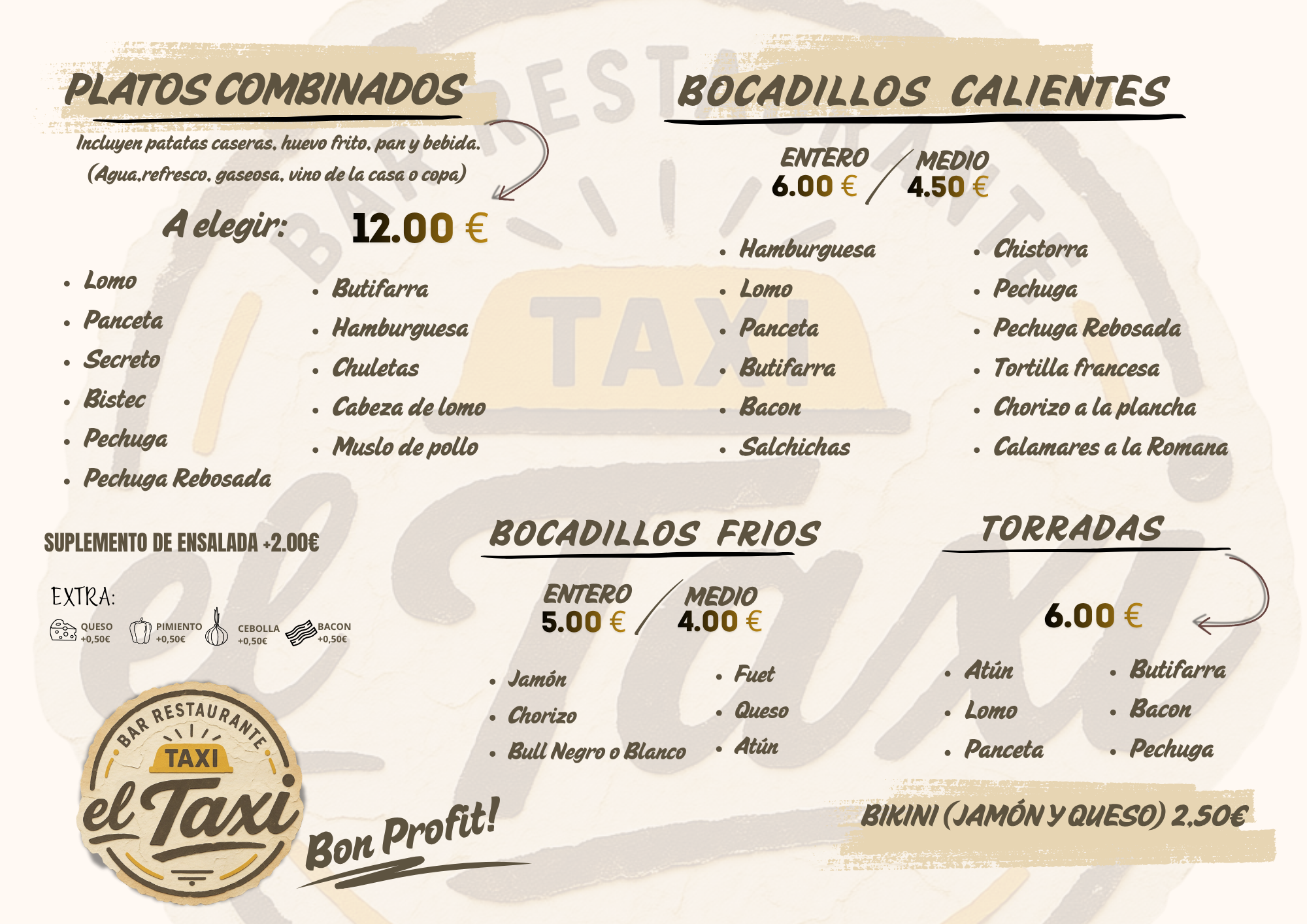 Carta Bar El Taxi: Platos combinados, bocadillos y torradas