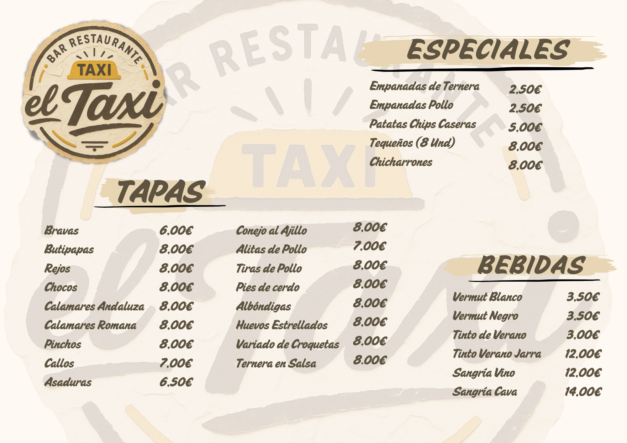 Carta Bar El Taxi: Tapas, especiales y bebidas